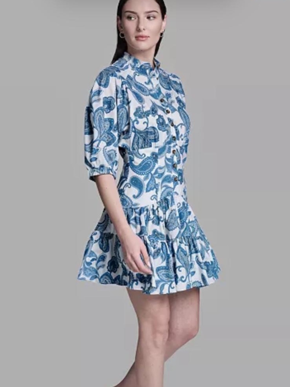 BCBG White and Blue Paisley Button-Front Mini Dress